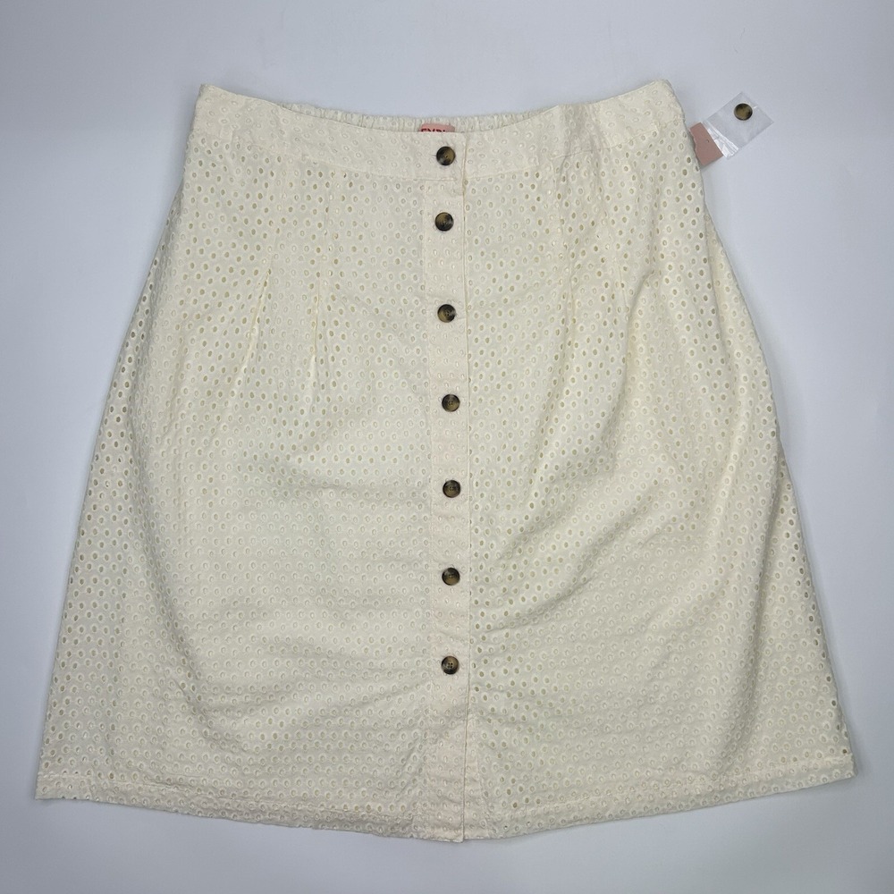 EVRI Womens Skirt Size 2X Cream Ivory Eyelet Lined Button Up Elastic Waist NEW
